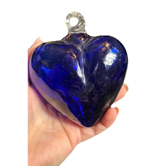 Cobalt Blue Glass Heart Ornament Hand Blown Mexico Sun catcher4-5in Water Inside - Picture 1 of 3